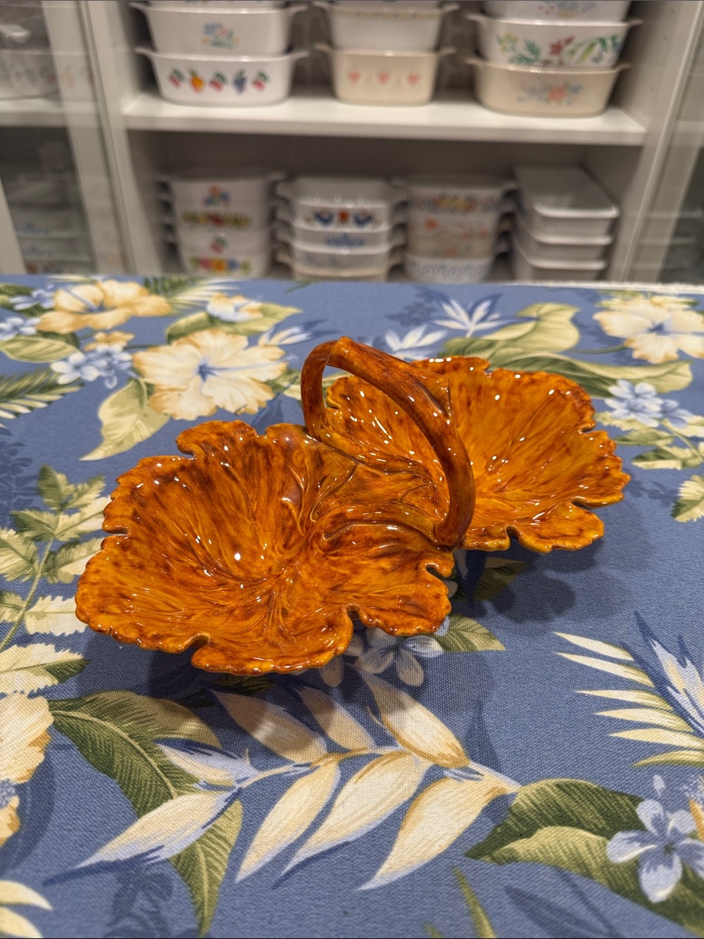 Glossy Orange Double-Leaf Ceramic Serving Dish with Center Handle